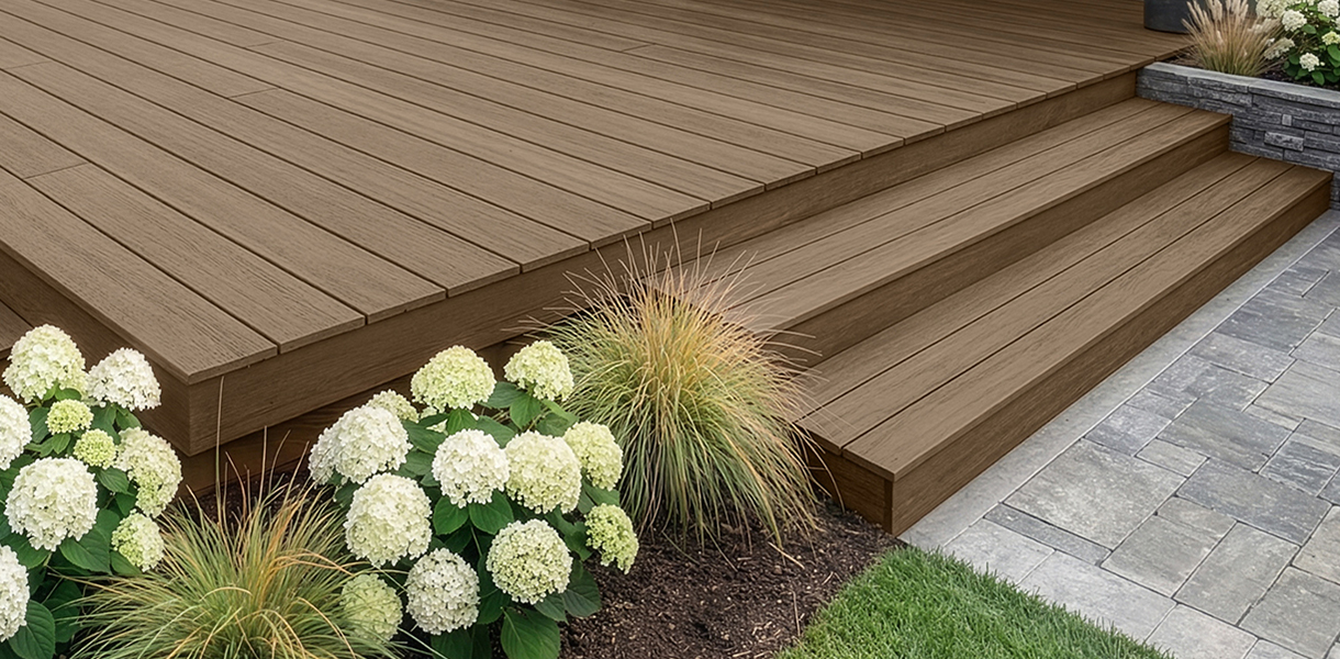 Close up of deck and stairs showing 2026 Color of the Year Acorn Cabot® Stain